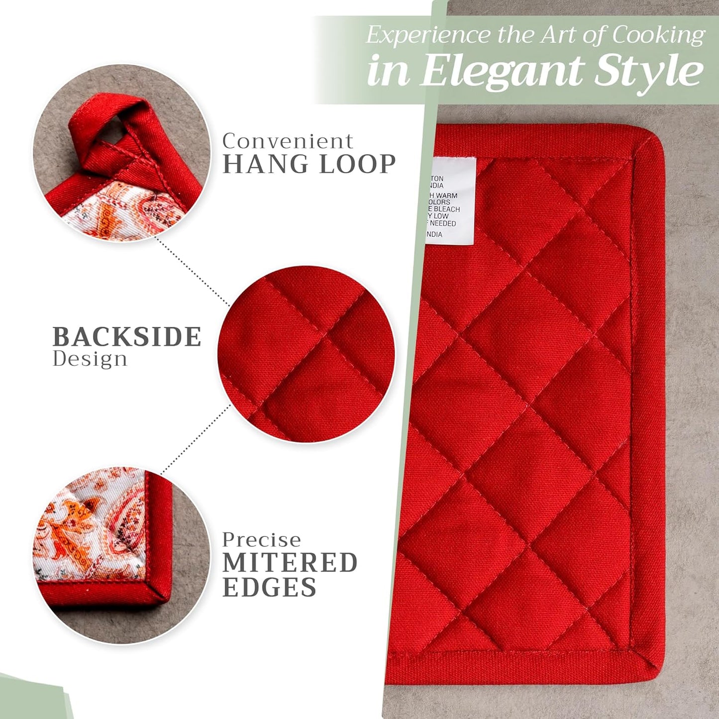 Maison d' Hermine Pot Holders Set 100% Cotton Heat Resistant Potholders 8" x 8" Hot Pads with Loop BBQ, Cooking, Baking, Grilling, Kitchen, Handling Hot Pans (Pack of 2, Orient)