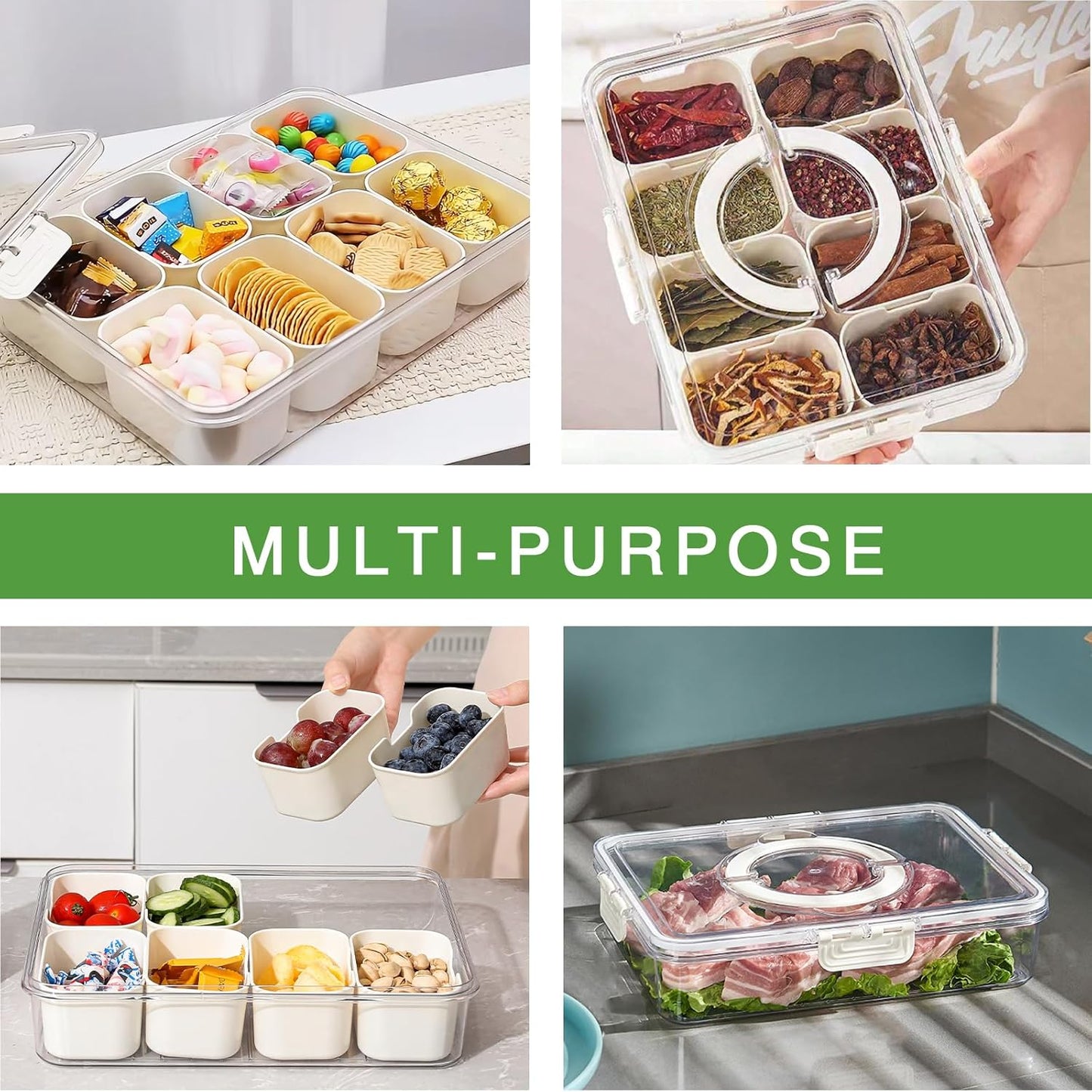 shopwithgreen 2Pcs Divided Serving Tray with Lid and Handle, Portable Snackle Box Snack Containers for Charcuterie, Party, Veggies, Snack, Fruit, Nuts, Candy, Chip, Entertaining, Picnic
