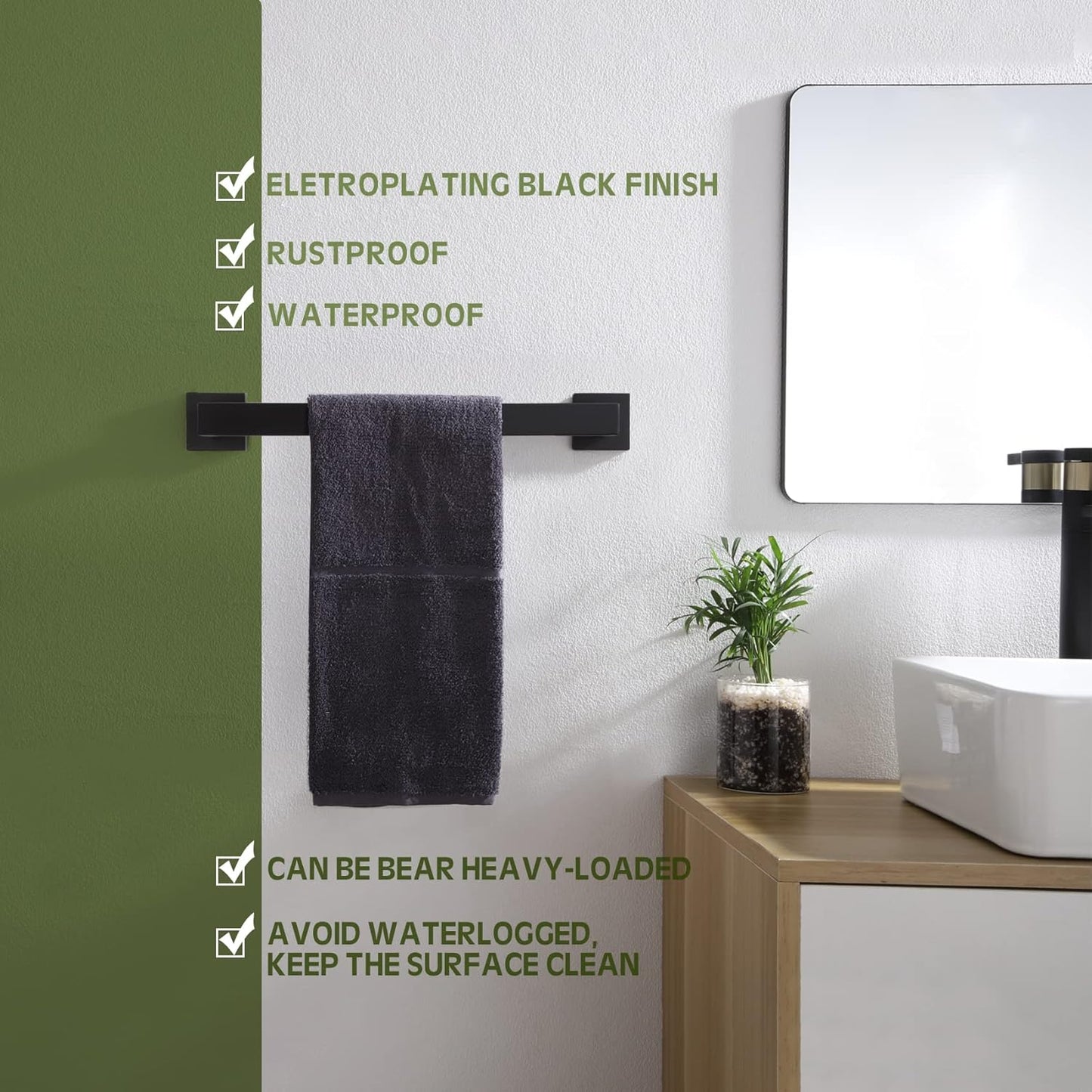 KOKOSIRI 16-Inch Single Towel Bar, Bathroom Kitchen Towel Holder, Wall Mounted SUS304 Stainless Steel Towel Rack 2 Pack, Matte Black, B4003BK-L16-P2