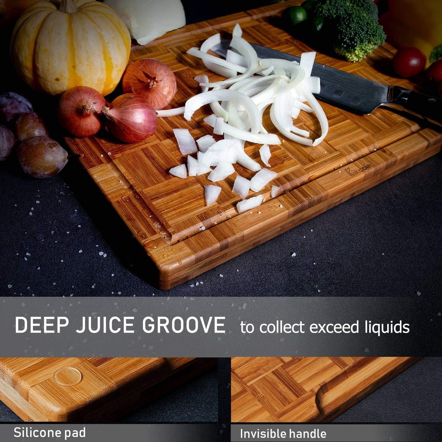 Kikcoin Extra Large Bamboo Cutting Boards, (Set of 3) Chopping Boards with Juice Groove Bamboo Wood Cutting Board Set Butcher Block for Kitchen, End Grain Serving Tray