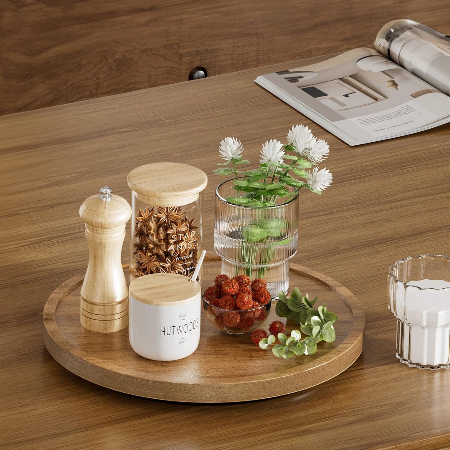 LAMU 9'' Acacia Wood Lazy Susan Organizer for Table Top, Lazy Susan Turntable for Cabinet, Kitchen, Countertop, Pantry Organization