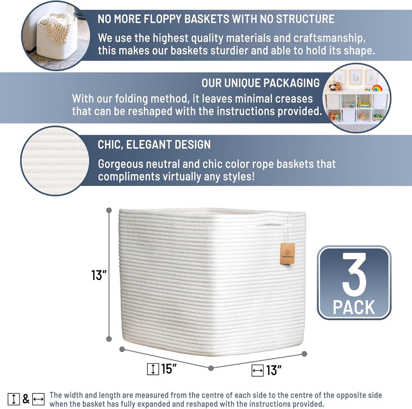 NaturalCozy 13x15x13 Kallax Storage Cubes, 3 Pack | Cotton Rope Cube Storage Bins Woven Baskets for Organizing | Kallax Insert Baskets for Shelves Organizer, Kids Toy, Pantry, Closet, Baby Nursery