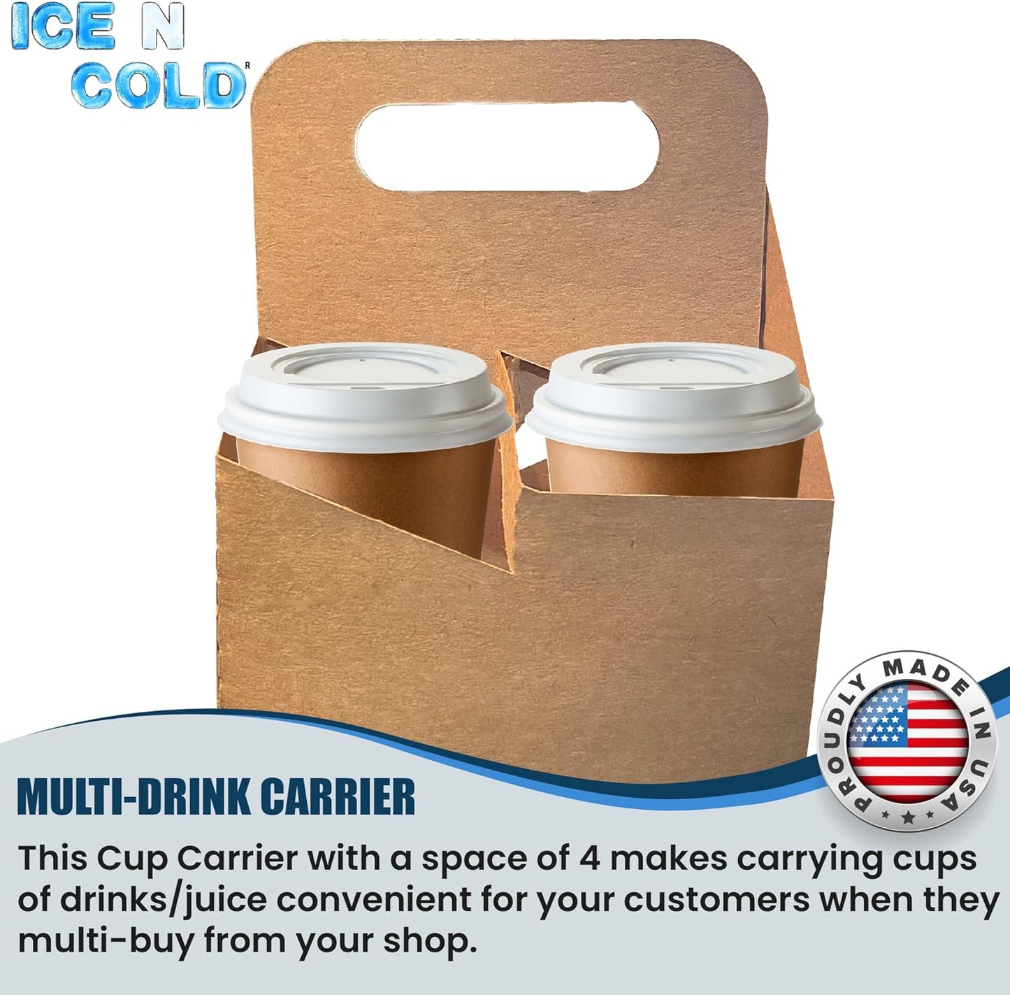 4 Cup Drink Carrier With Handle | Kraft Paperboard Cup Holder | Disposable Cup Holder for Hot or Cold Drinks | Cup Carrier for Food Delivery Services, Uber Eats, Door Dash (100)