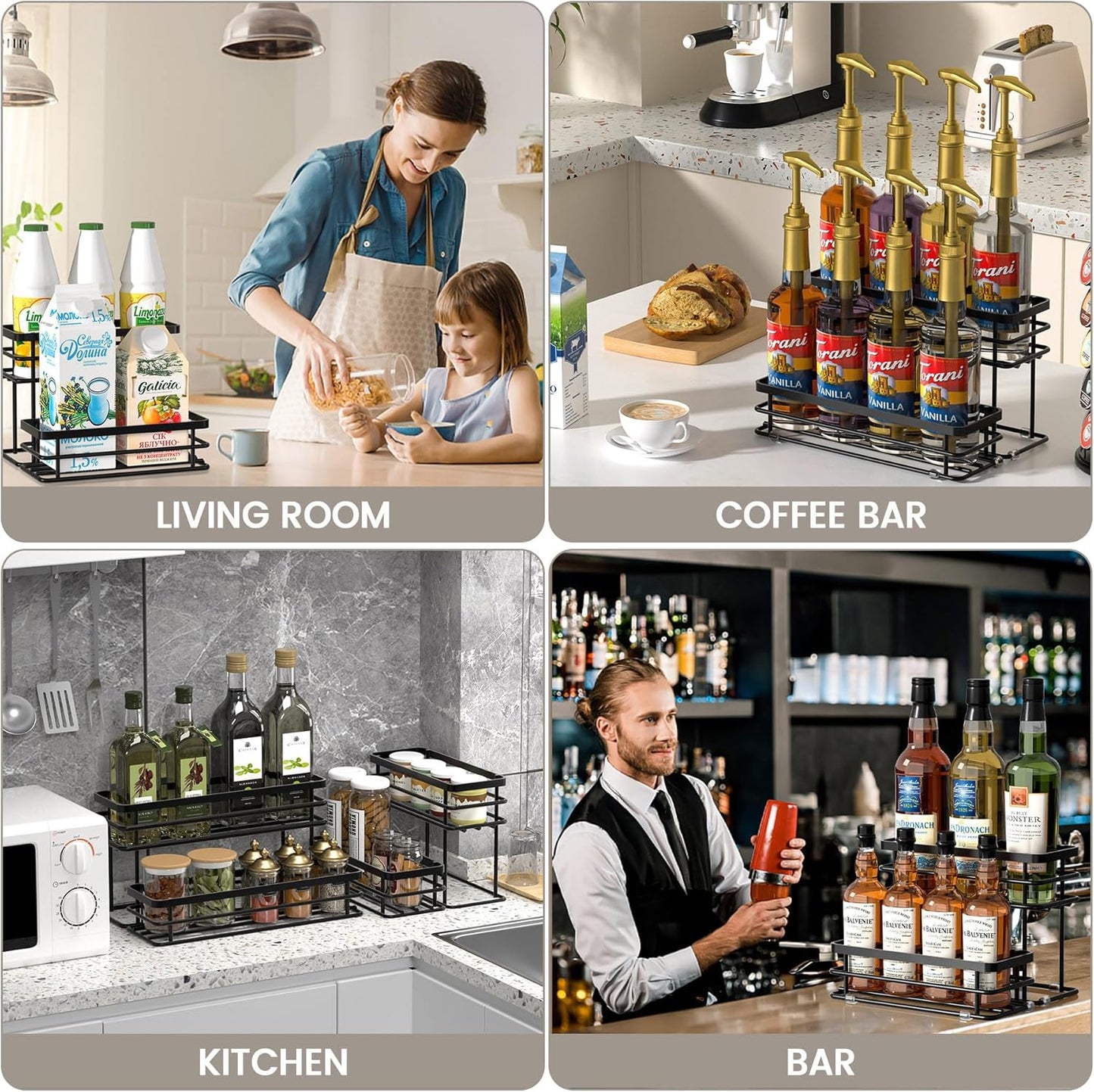 Coffee Syrup Rack Organizer, Syrup Bottle Holder Stand for Coffee Bar, 2-Tier 8 Bottles Storage Shelves for Syrup, Wine, Dressing for Kitchen Countertop (8 Bottles Black)