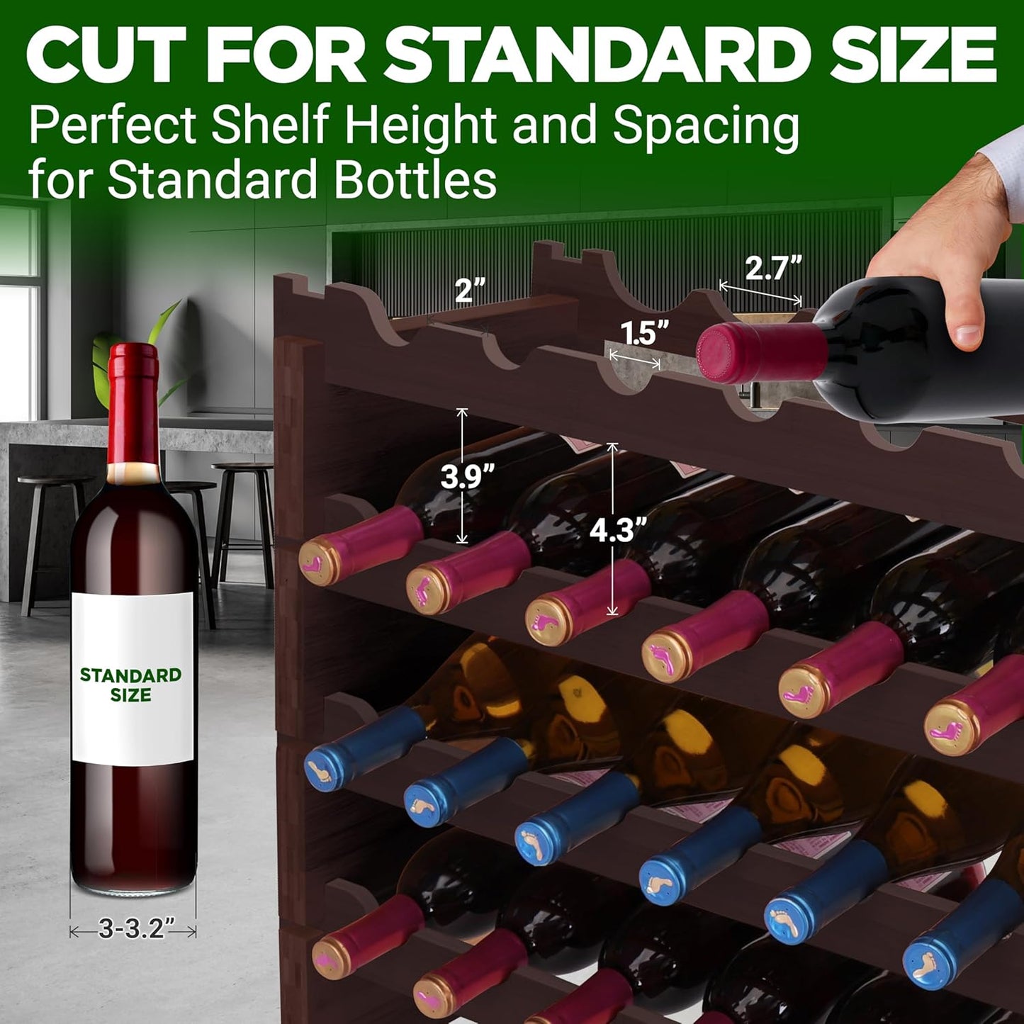 NutriChef Bamboo Stackable Wine Rack, 8-Tier 72 Bottle Capacity Wine Racks Free Standing Floor, No Tools Assembly, Modular Storage Display Shelf for Kitchen and Cellar 33.5" x 10" x 42", Black