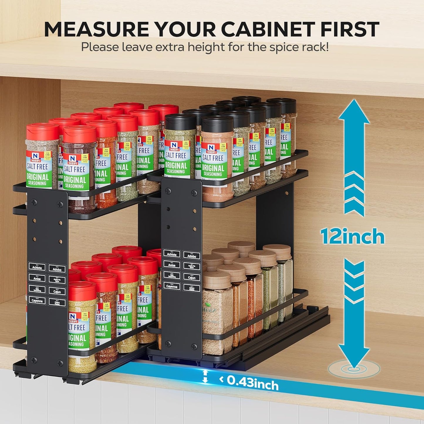 Nieifi Pull Out Spice Rack Organizer, 2 Tiers, Black, Spice Organization for Cabinet, Height Adjustable, Easy to Install