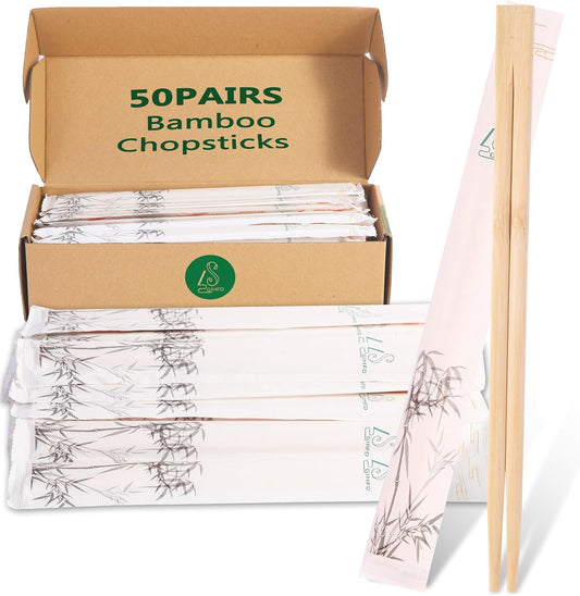 Disposable Bamboo chopsticks (50PAIRS) Sturdy Smooth,Individually Wrapped Wooden Chopsticks Best for Korean Japanese Sushi & Asian Dishes,chopsticks surface smooth without debris.