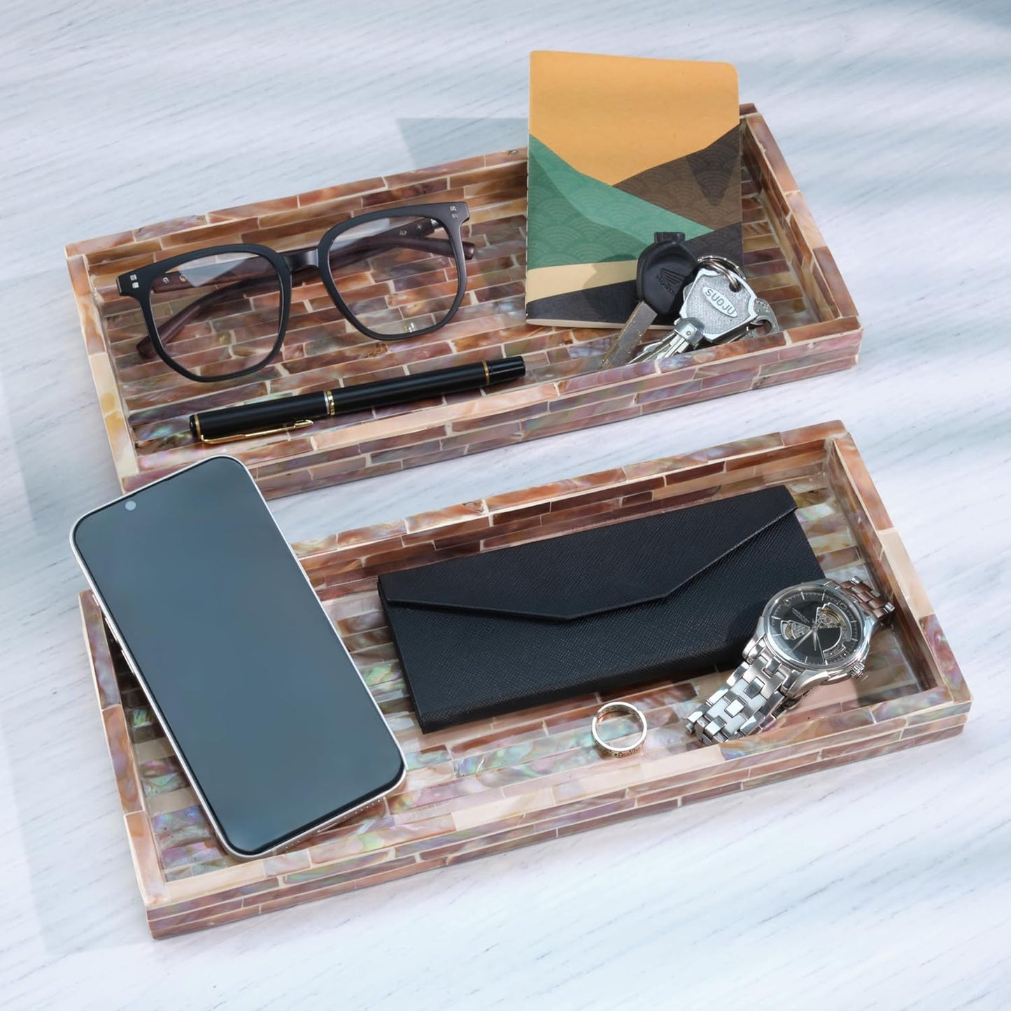 PEMAR Set of 2 Mother of Pearl Vanity Tray for Bathroom Counter, 11" Wooden Organisation Valet Tray for Perfume Makeup Bedroom Dresser Kitchen Sink Countertop Organizer, Toilet Tank (Brown Titles)