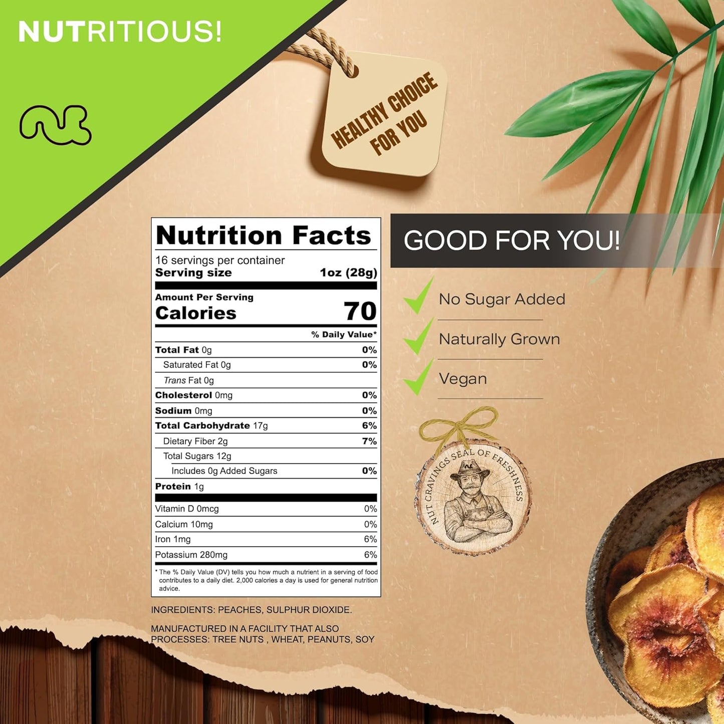 NUT CRAVINGS - Sun Dried California Peaches, No Sugar Added (16oz, 1 LB) Bulk Dry Fruits Packed Fresh in Resealable Bag - Sweet Healthy Snack, Naturally Grown, Vegan, Kosher