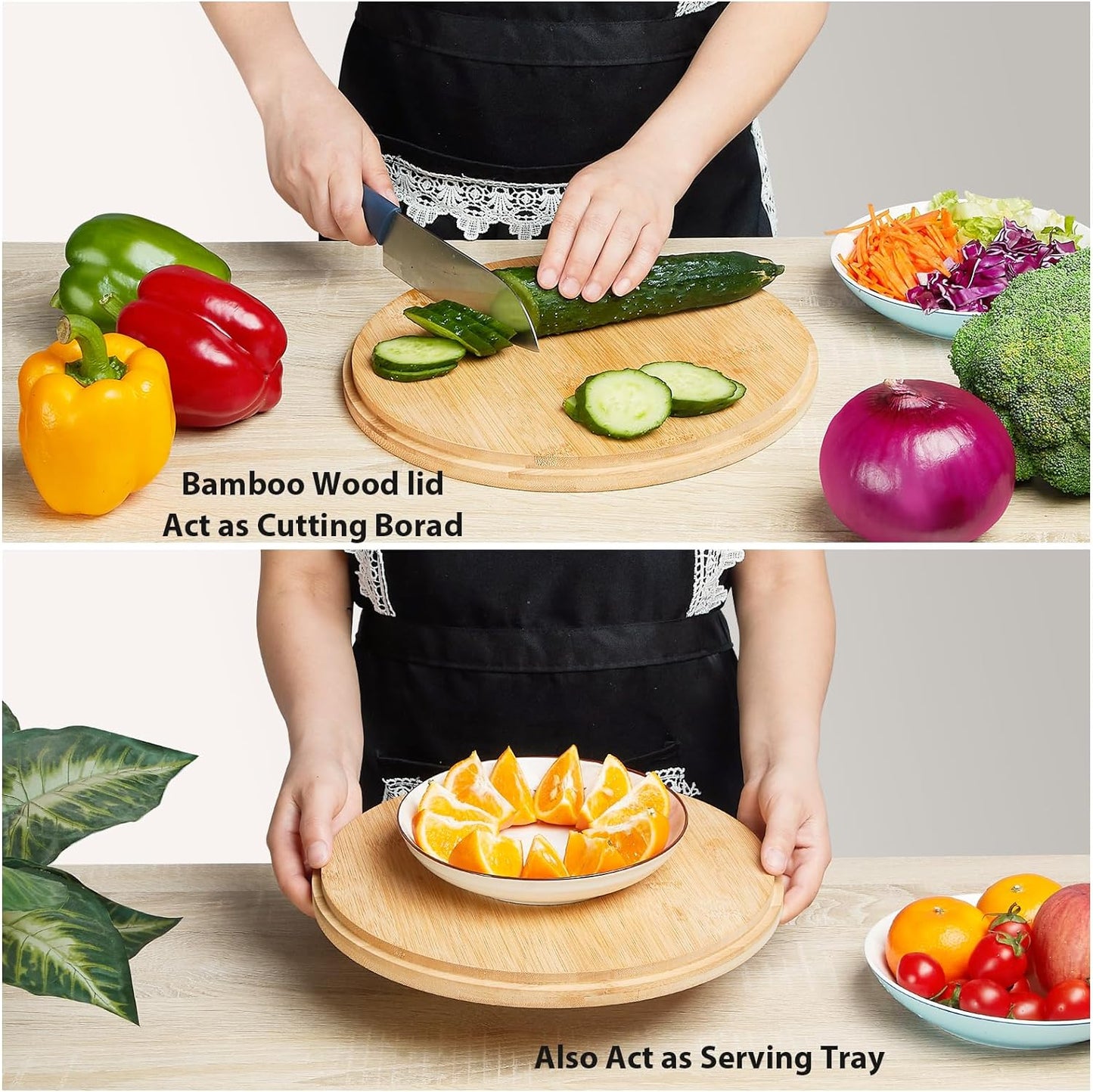 12.6" Extra Large Salad Serving Bowl Set with Wooden Lid&Utensils, 8.4Qt., Bamboo Fiber Salad Bowl with Servers for Kitchen, Big Bowl for Mixing Salad,Fruit,Pasta (Matte Black)