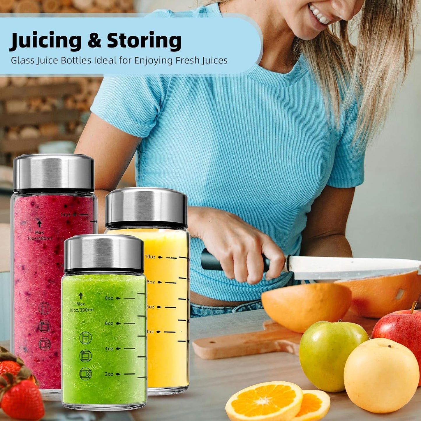 Glass Juice Bottles 4 Pack 12 oz - Wide Mouth Glass Water Bottles with Lids - Borosilicate,Stainless Steel Lids for Juicing, Smoothies, Infused Water, Beverage Storage, Leakproof, Reusable, BPA Free