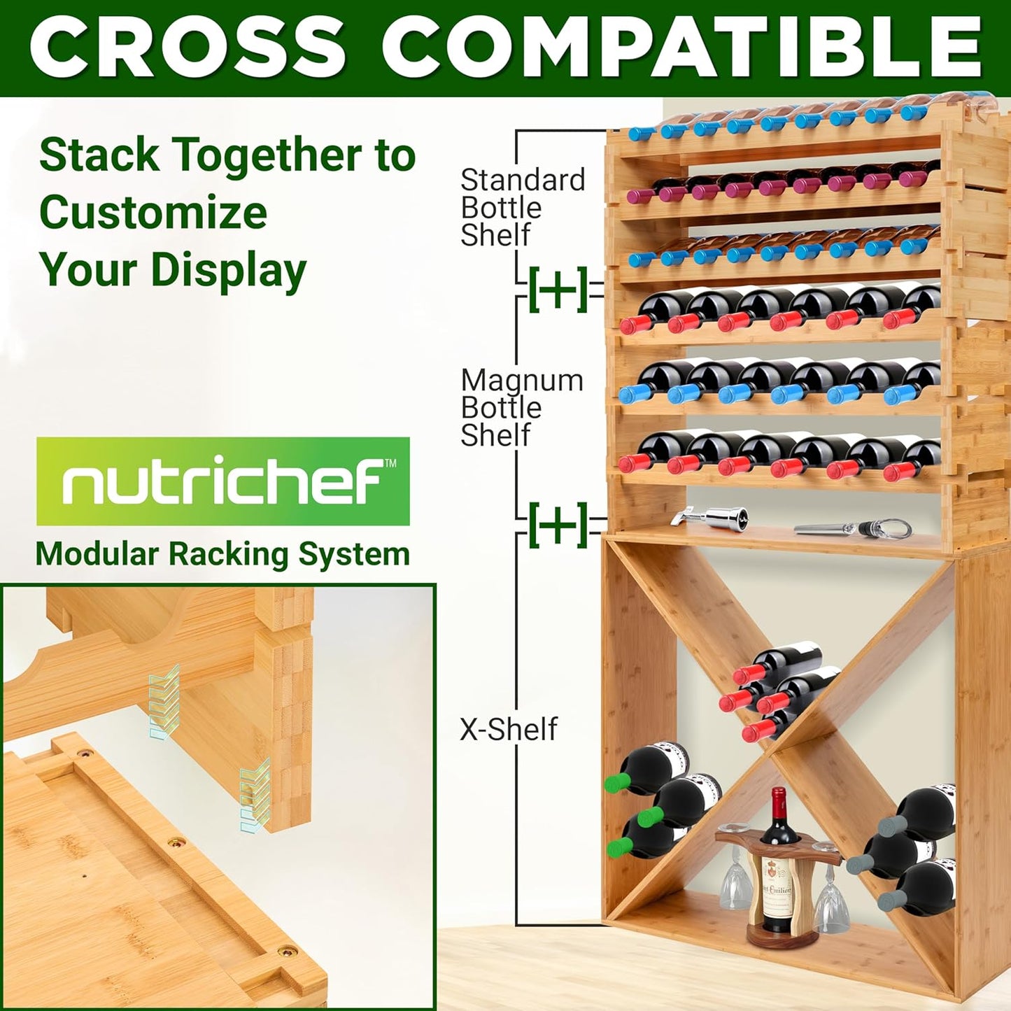 NutriChef Bamboo Stackable Wine Rack, 8-Tier 72 Bottle Capacity Wine Racks Free Standing Floor, No Tools Assembly, Modular Storage Display Shelf for Kitchen and Cellar 33.5" x 10" x 42", White