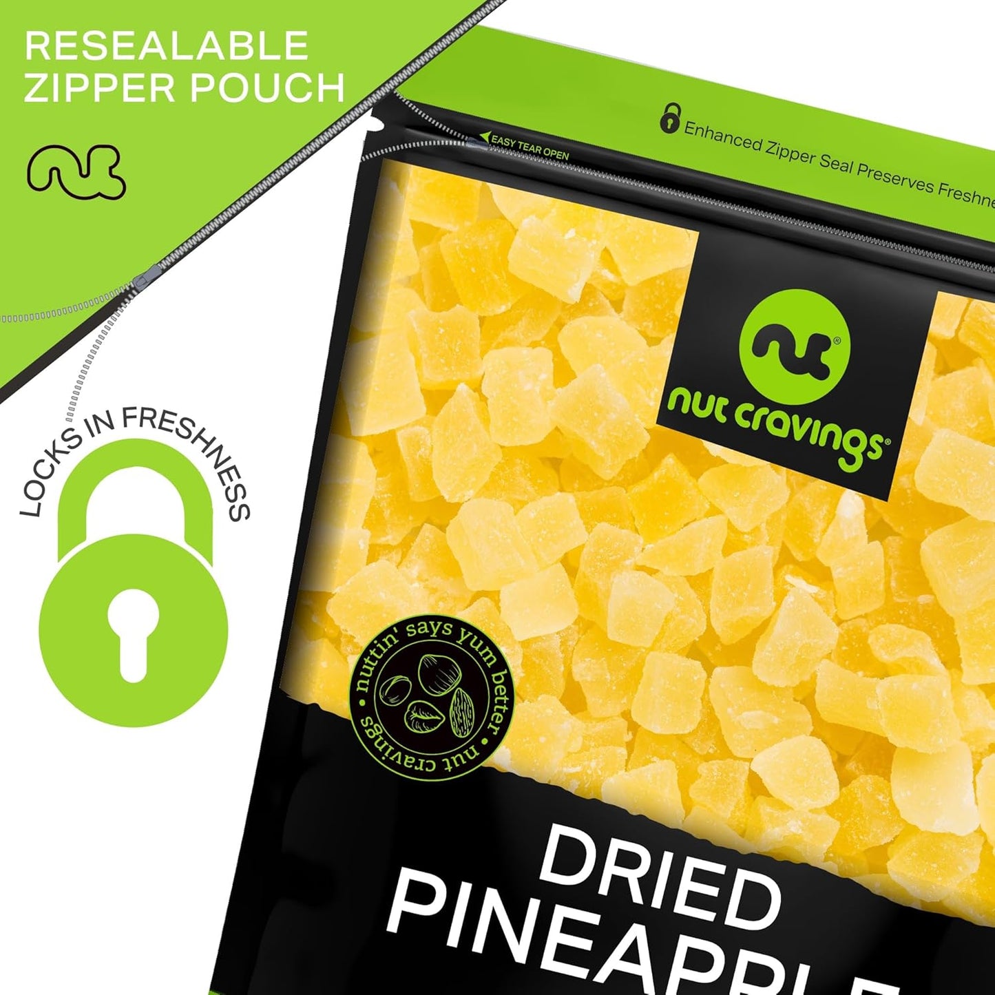 NUT CRAVINGS - Sun Dried Pineapple Chunks, Lightly Sweetened (16oz, 1 LB) Bulk Dry Fruits Packed Fresh in Resealable Bag - Sweet Healthy Snack, Naturally Grown, Vegan, Kosher