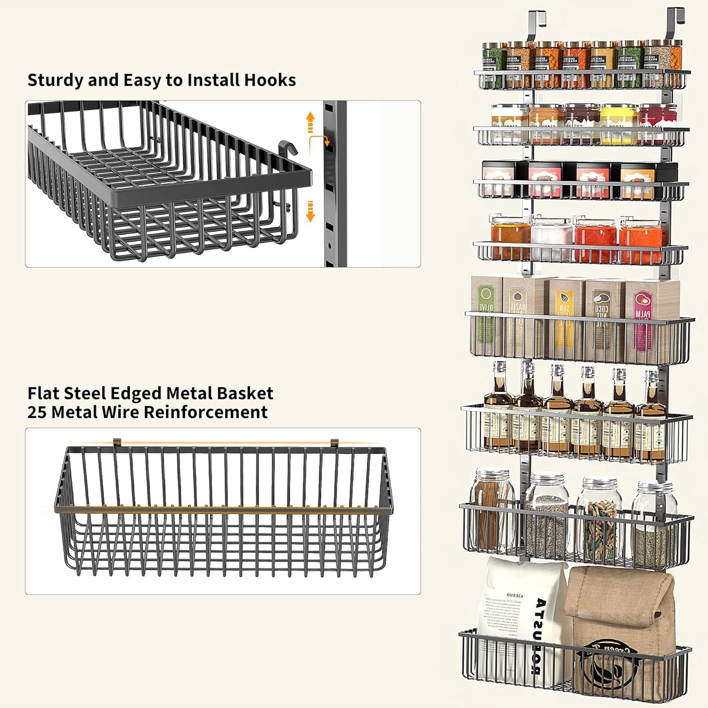 Moforoco Over The Door Pantry Organizer, Pantry Door Organizer Shelves, Kitchen Organizers and Storage, Hanging Basket Wall Spice Rack Seasoning Shelves, Laundry Room Bathroom accessories（Black