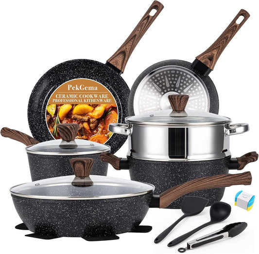 PekGema 14 Pcs Ceramic Cookware Sets, Pots and Pans Set Nonstick, Non Toxic Healthy Non stick Kitchen Cooking Set, Induction Cookware with Frying Pan Set, PFAS PTFE PFOA FREE, Black