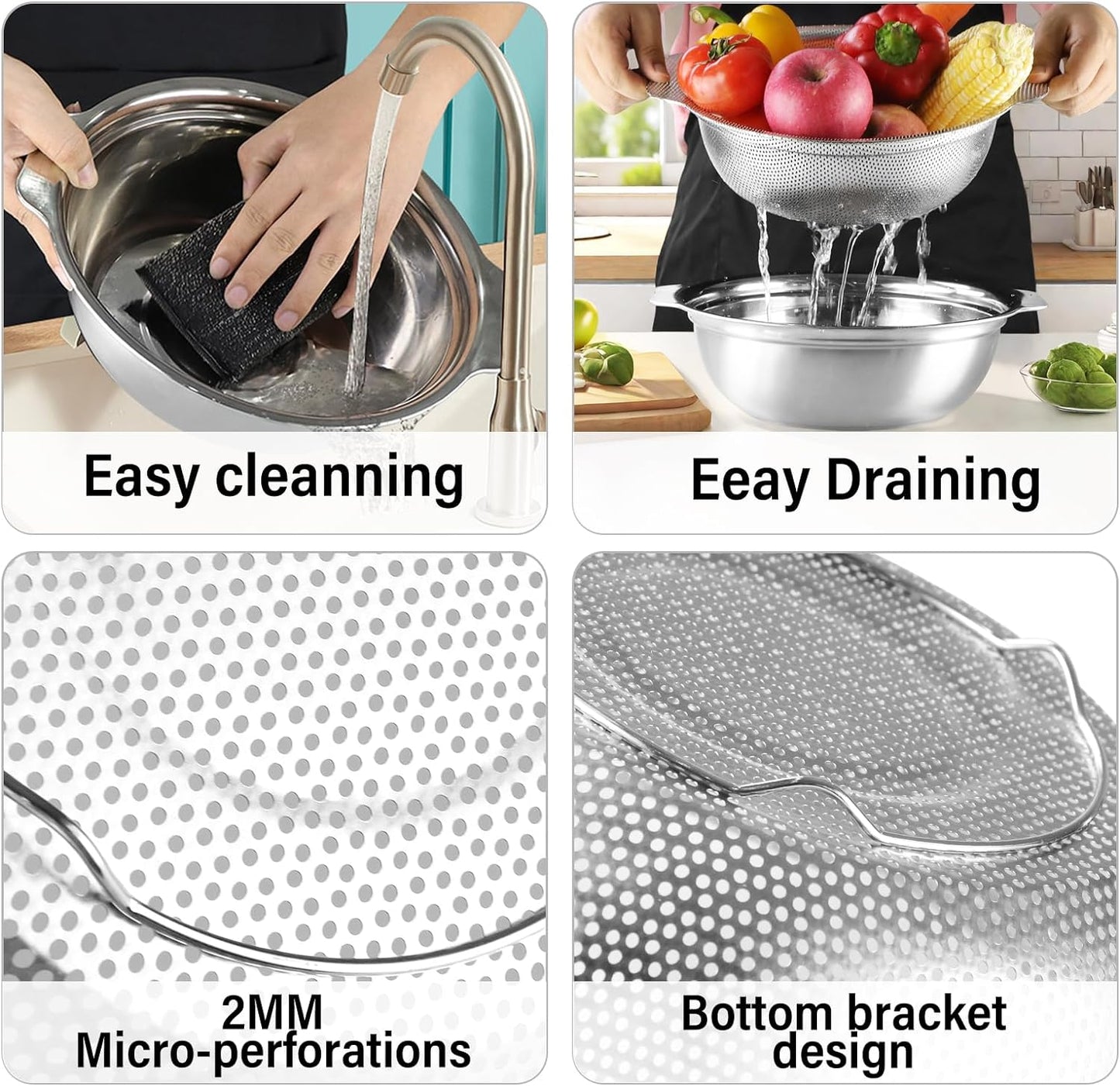 Extra Large 5.5QT Stainless Steel Colander, Large Capacity Rice Colander with Mixing Bowl, Rice Strainer for Vegetables, Fruit, Spaghetti, Pasta Strainer, Dishwasher Safe(2PC)