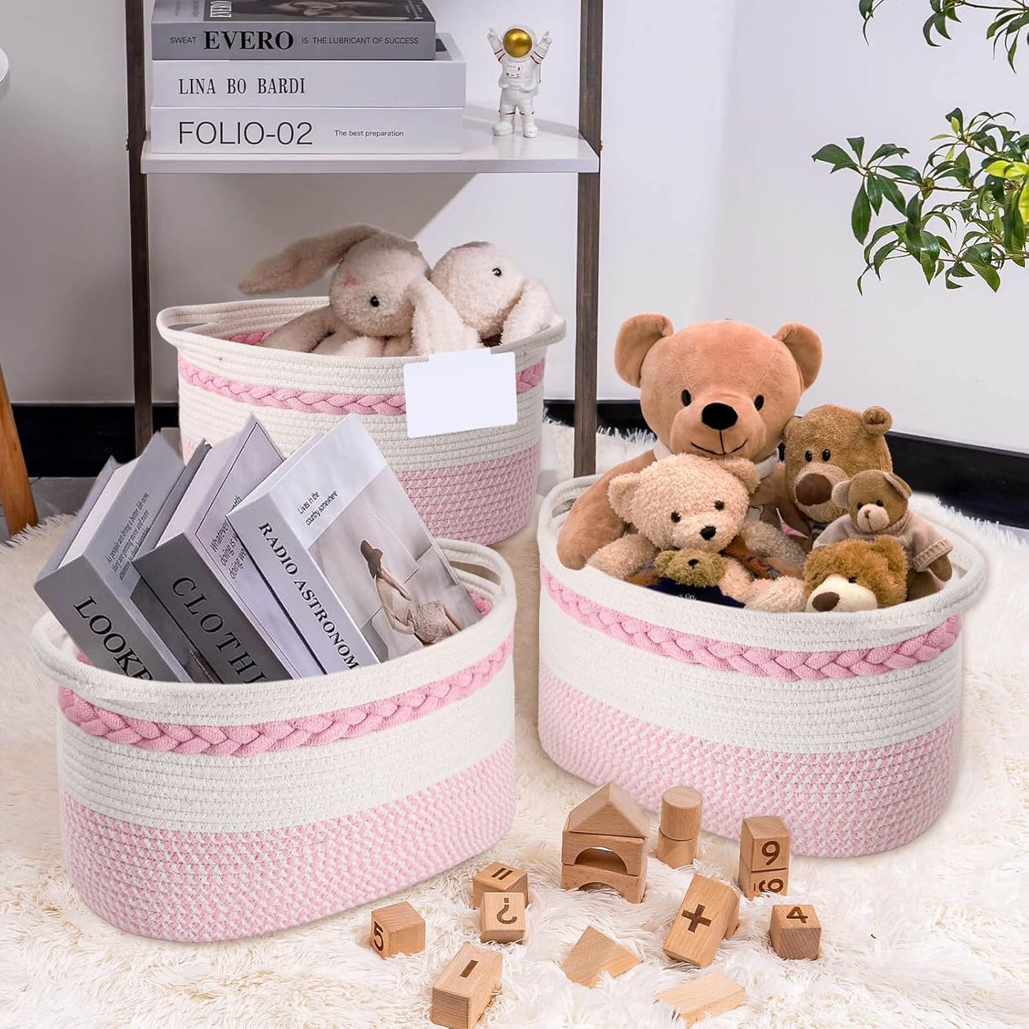 Woven Storage Basket, 3 Pack Pink Rope Basket for Shelves, HandWoven Cotton Rope Basket with Built-in Handles and Labels for Bathroom, Bedroom, Laundry, Pantry, Shelves