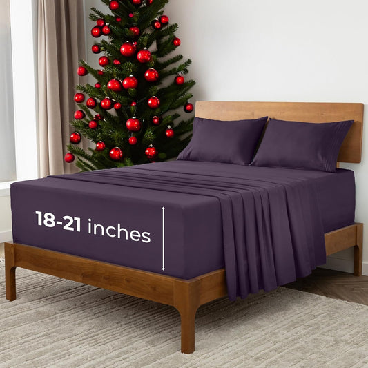 Mellanni Extra Deep California King Sheets - 4 PC Iconic Collection Bedding - Hotel Luxury, Ultra Soft, Cooling Bed Sheets - Wrinkle, Fade, Stain Resistant (Cal King, Purple)