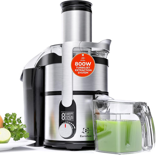 Eurolux 800W Premium Centrifugal Juicer for Whole Fruits and Vegetables – TurboJet Extraction System – 5-Speed Dial with Digital Display – Wide 3” Feed Chute – Easy to Clean – BPA-Free- Stainles Steel