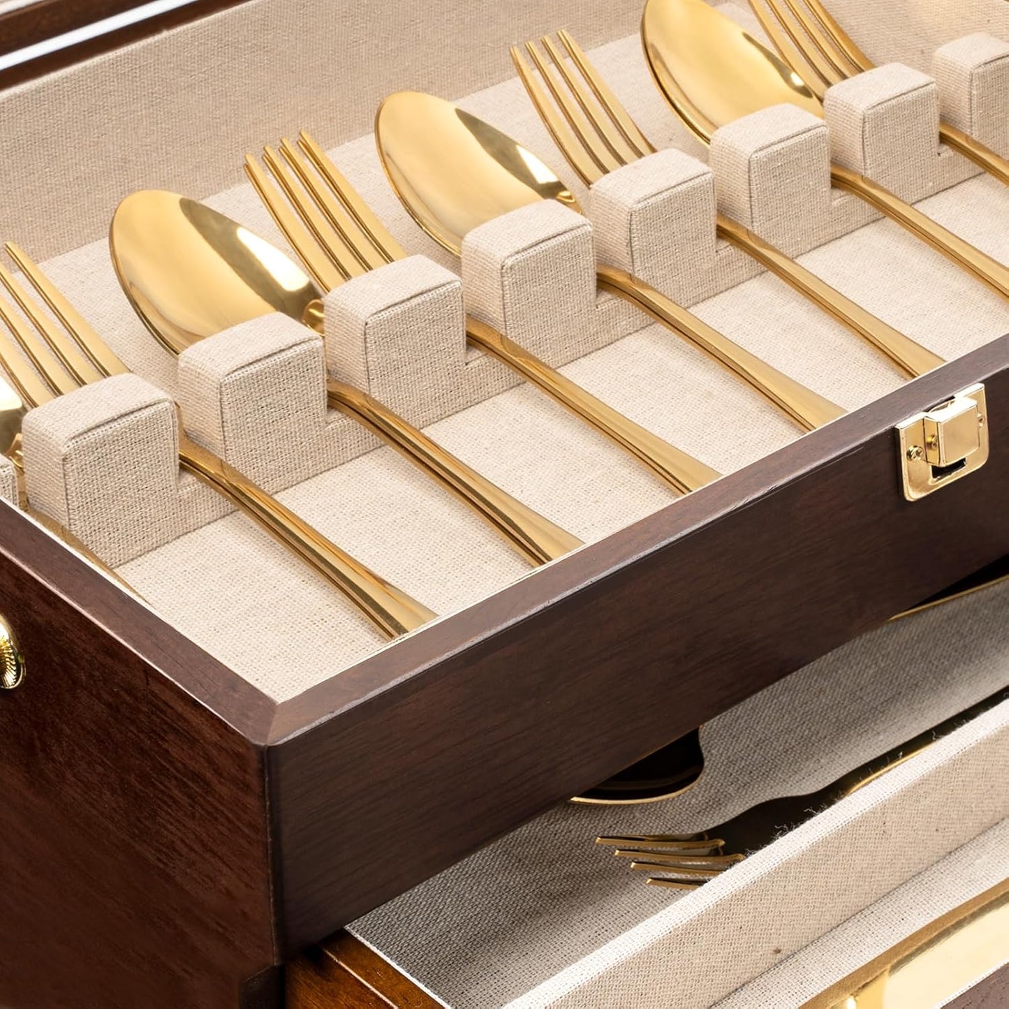 Silverware Storage Box, 3-Layer Flatware Storage Case with Drawer, Wooden Silverware Chest with Handle and Linen Liner, Rustic Silverware Case for Storing Fine Flatware and Utensils (Walnut)