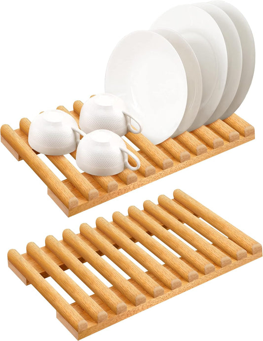 Solid Wood Kitchen Dish Drying Rack 10 Slots Plate Organizer for Cabinet New Apartment Essentials Plate Holder for Kitchen Display Countertop (Pack of 2)