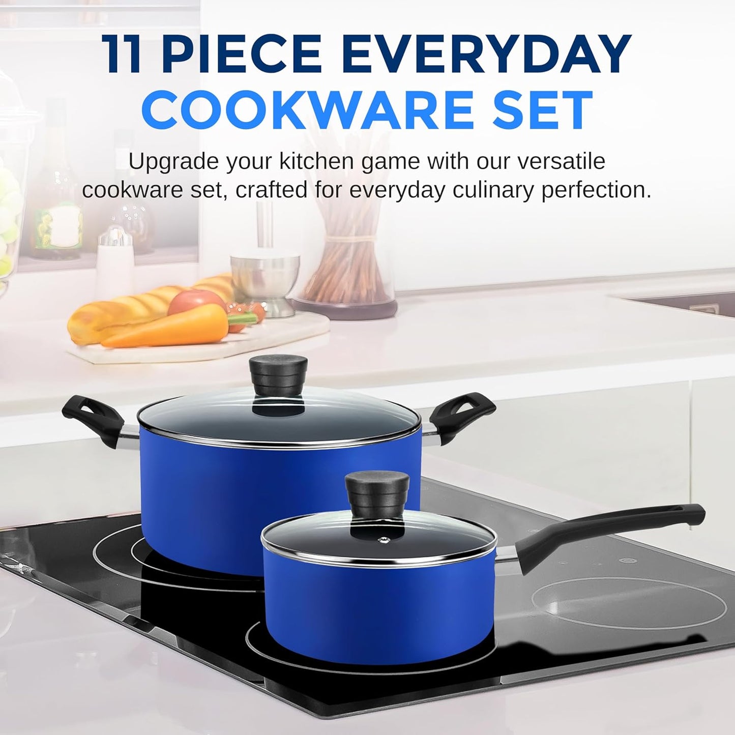 SereneLife Kitchenware Pots & Pans Basic Kitchen Cookware, Black Non-Stick Coating Inside, Heat Resistang Lacquer (11 Piece set), One Size, Blue