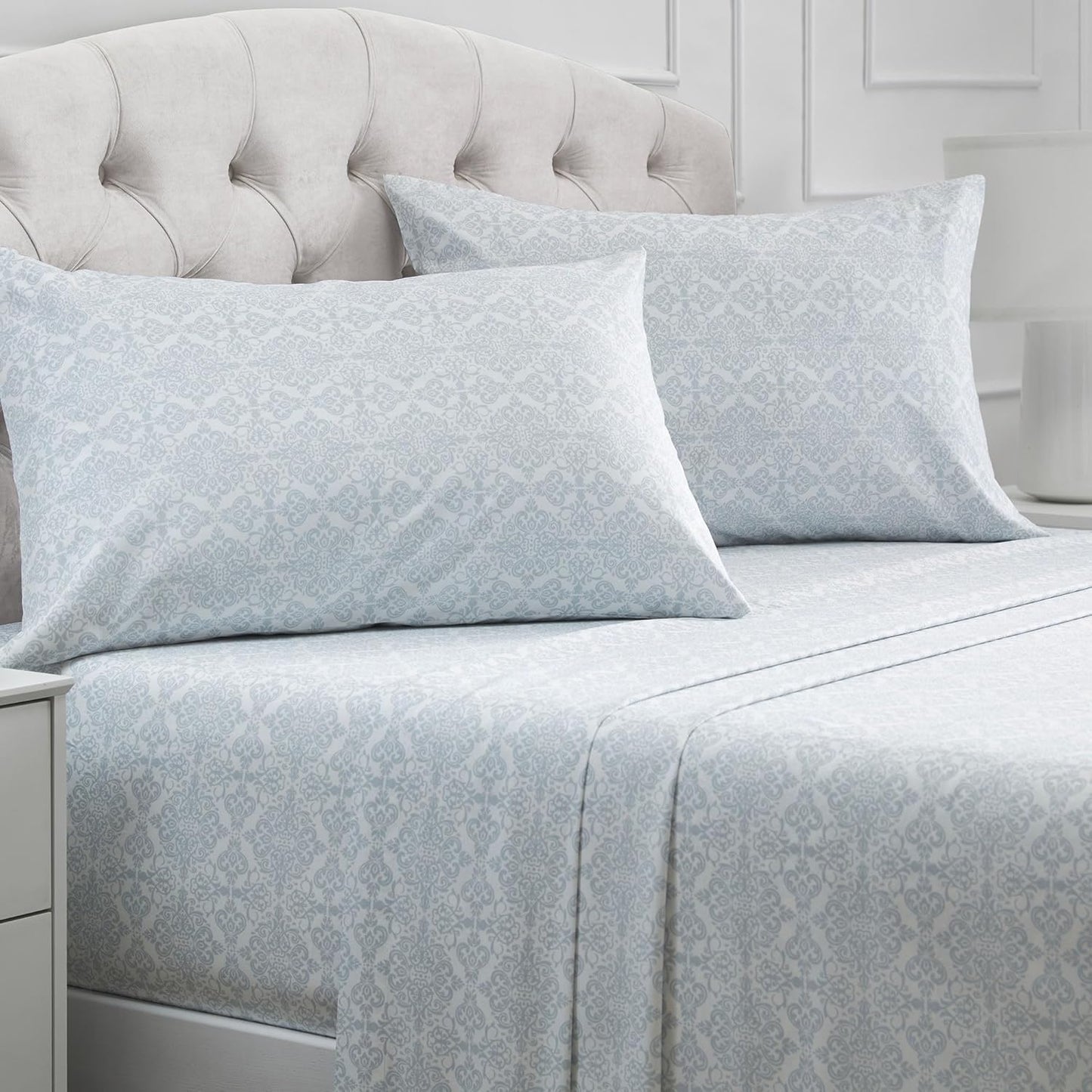 Mellanni California King Sheets Set - 4 PC Iconic Collection Bedding - Hotel Luxury, Extra Soft, Cooling Bed Sheets - Wrinkle, Fade, Stain Resistant (Cal King, Laced Sky Blue)
