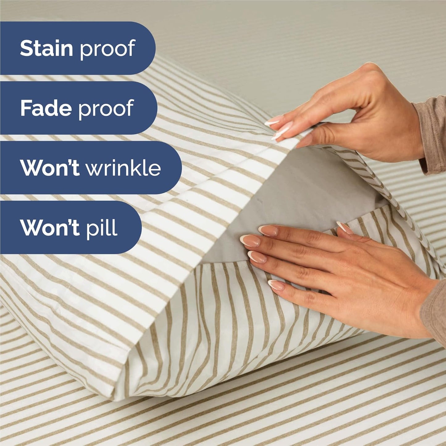 Split King Size 5 Piece Sheet Set - Comfy Breathable & Cooling Bed Sheets Set - Hotel Luxury Bedding for Women, Men, Kids, Teens, Boys & Girls - Deep Pockets, Soft and Wrinkle Free - Beige Stripes 2