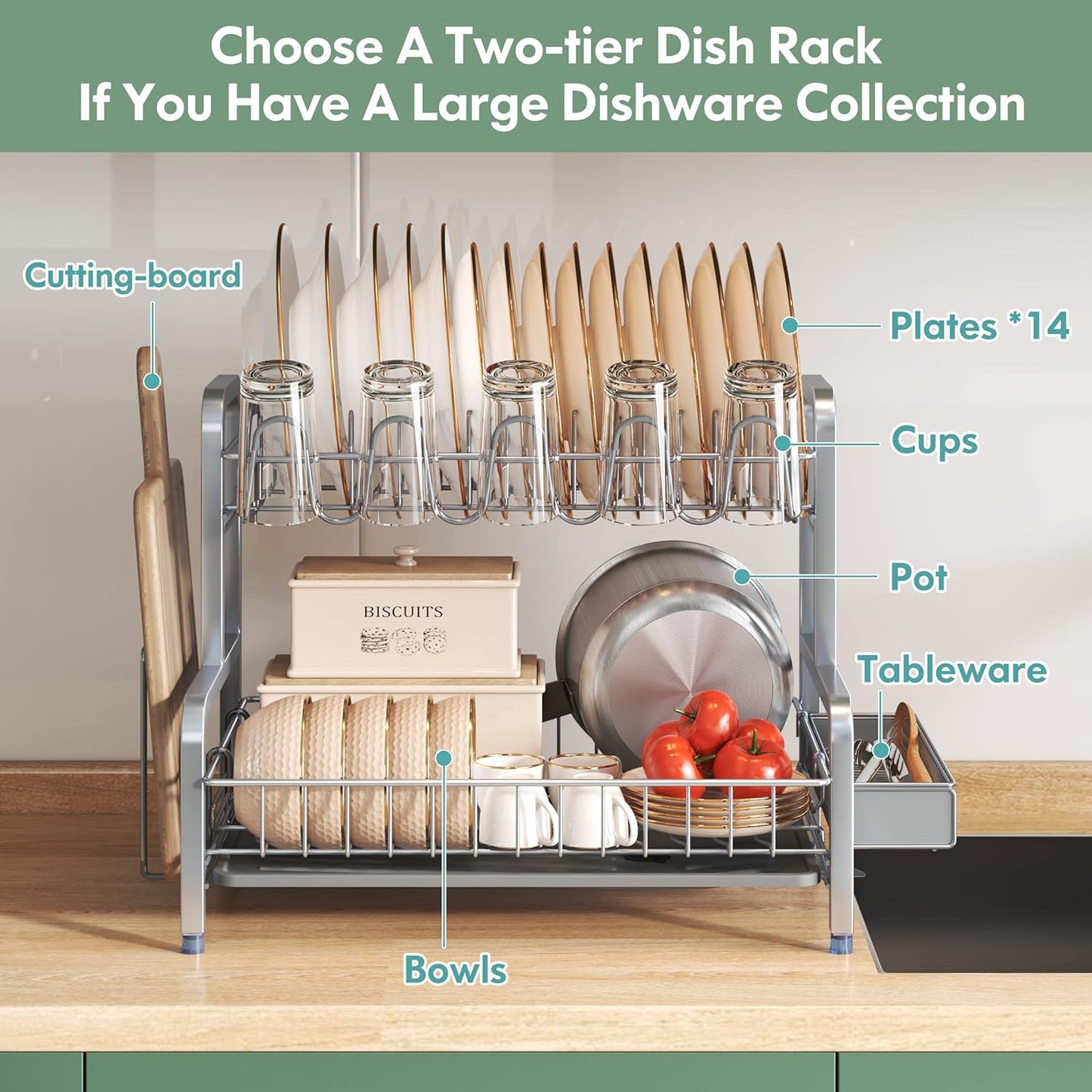 2 Tier Dish Drainers Drying Rack for Kitchen Counter Large Stainless Steel Dishes Drain with Drainboard, Space Saving, Big Modern Silver Countertop Metal Plates Dryer Strainer Holder and Extra Tray