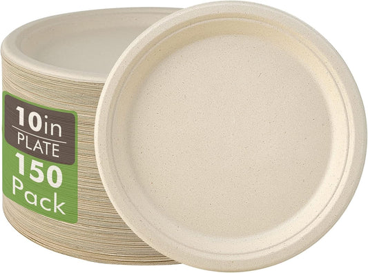 Vplus 150 Pack Compostable Disposable Paper Plates 10 inch Super Strong 100% Bagasse Natural Biodegradable Eco-Friendly Sugarcane Plates(nature)
