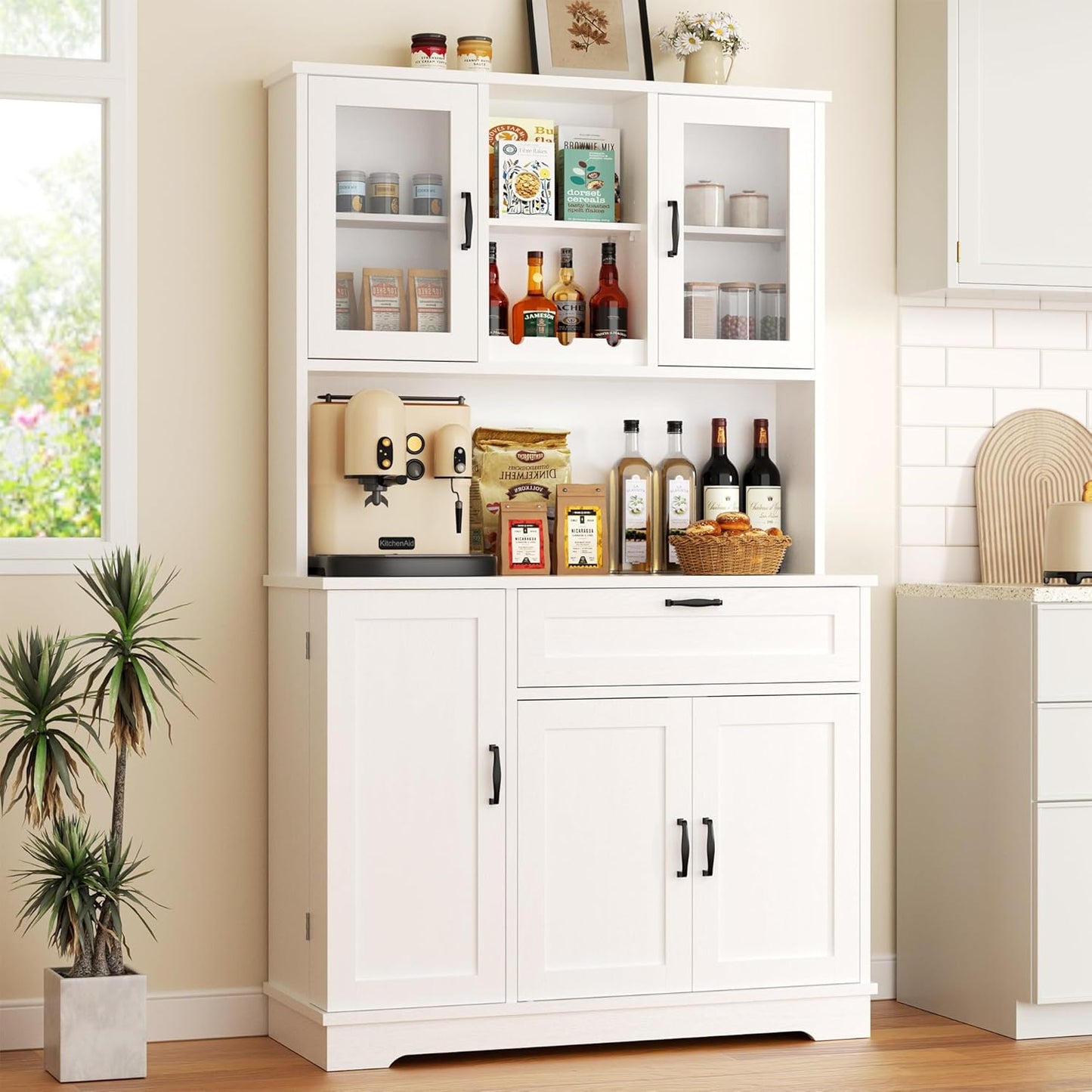 Vongrasig Tall Pantry Cabinet, Kitchen Pantry Storage Cabinet with Microwave Stand,Farmhouse Kitchen Hutch with Adjustable Shelves for Living Room, Dining Room, White