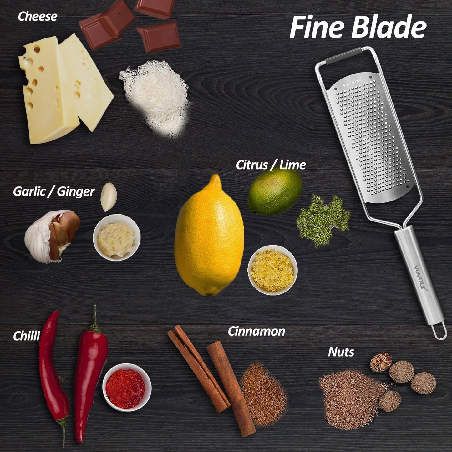 Vovoly 4-Pcs Pro Set Zester Grater Set, Cheese Grater with Razor-Sharp Stainless Steel Blade, Fine/Coarse/Extra Coarse/Slider Attachment