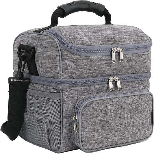 FlowFly Double Layer Cooler Insulated Lunch Bag Adult Lunch Box Large Tote Bag for Men, Women, With Adjustable Strap,Front Pocket and Dual Large Mesh Side Pockets