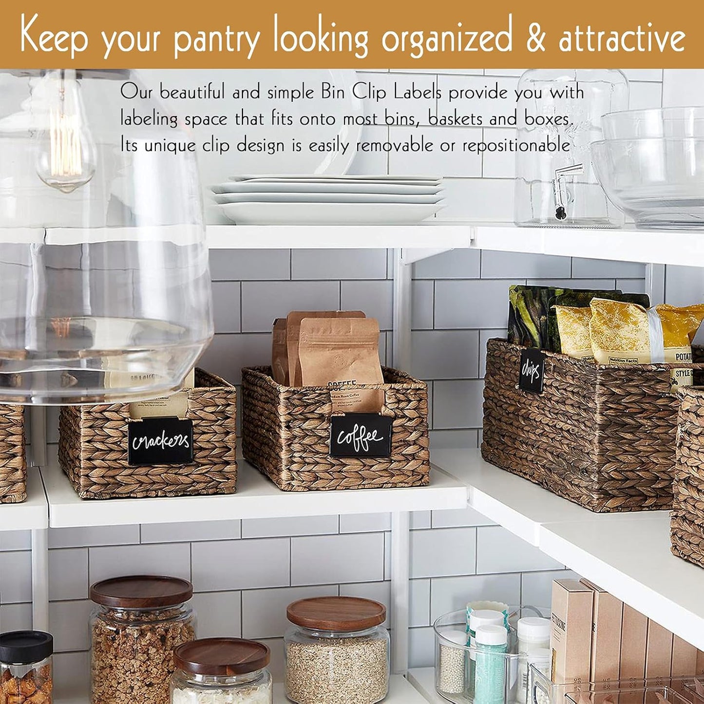8 Pack Metal Pantry Baskets Labels Clip On for Storage Bins with 2 White Chalk Markers, Organization and Storage Baskets Labels Clips, Kitchen Bins Tag Chalkboard Labels for Baskets