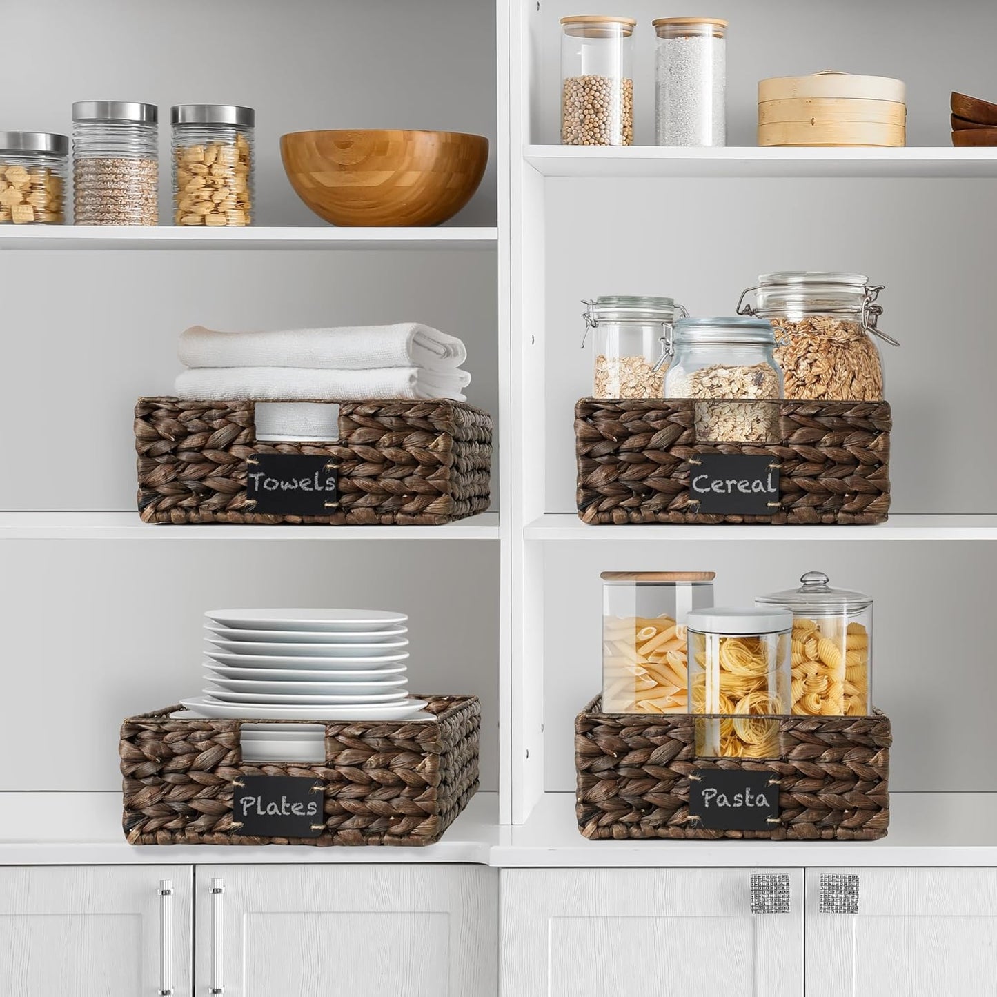 Casafield Set of 4 Water Hyacinth Pantry Baskets, 12-1/2" x 17" x 5", with Chalkboard Labels and Chalk Marker - Espresso, Woven Storage Bin Organizers for Kitchen Shelves