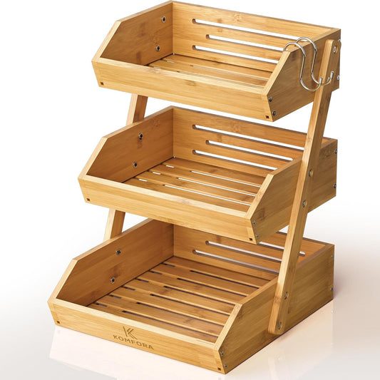 Bamboo Fruit Basket 3-Tier - Premium Produce Basket for Kitchen w/ 2 Hangers - Durable & Easy to Assemble Stand for Countertop - Perfect Holder for Vegetables, Bread, Snacks & More