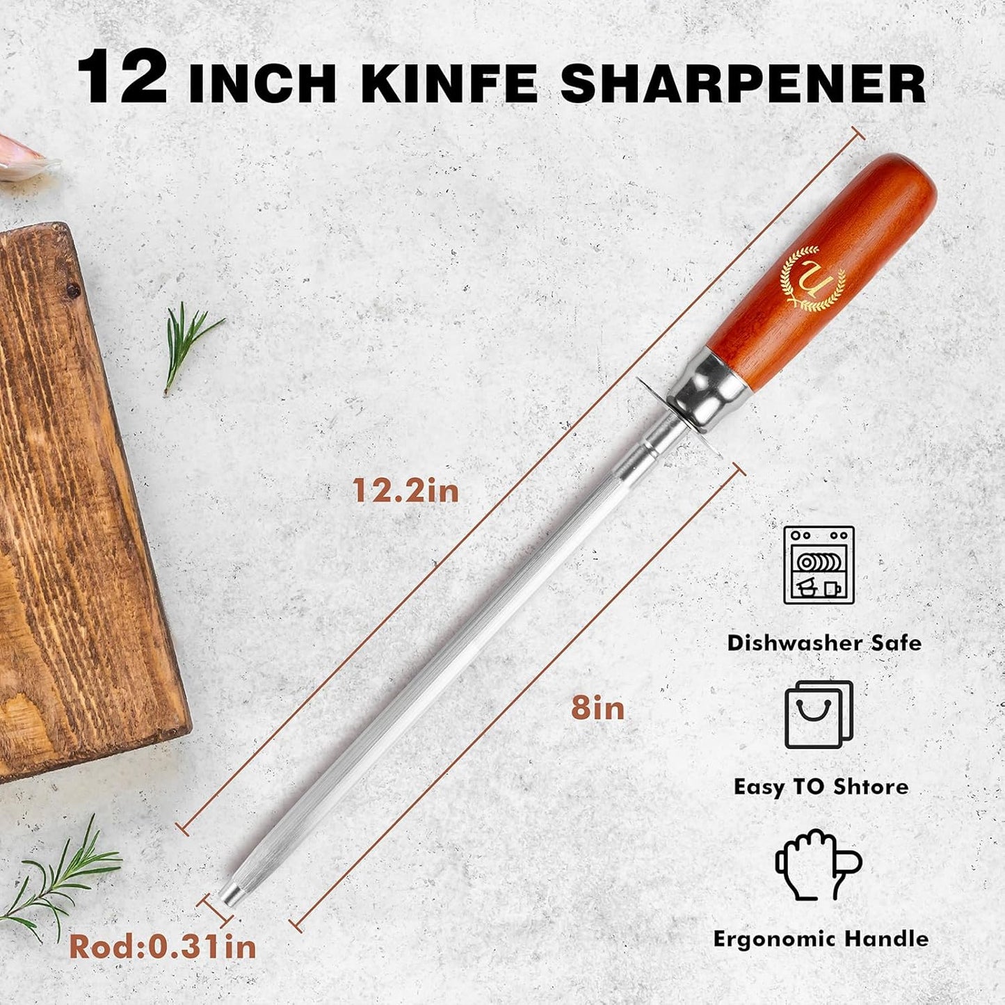 Knife Sharpener Rod, Kitchen Knives Sharpener Carbon Steel Professional Knife Sharpening Steel, Honing Rod with Hanging Holes (13 inches), U