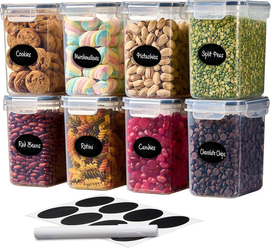 DWËLLZA KITCHEN Airtight Food Storage Container Set - 8 Pieces 1.4L - Plastic BPA Free Kitchen Pantry Storage Containers - Dishwasher Safe - Include 8 Labels - Keeps Food Fresh & Dry