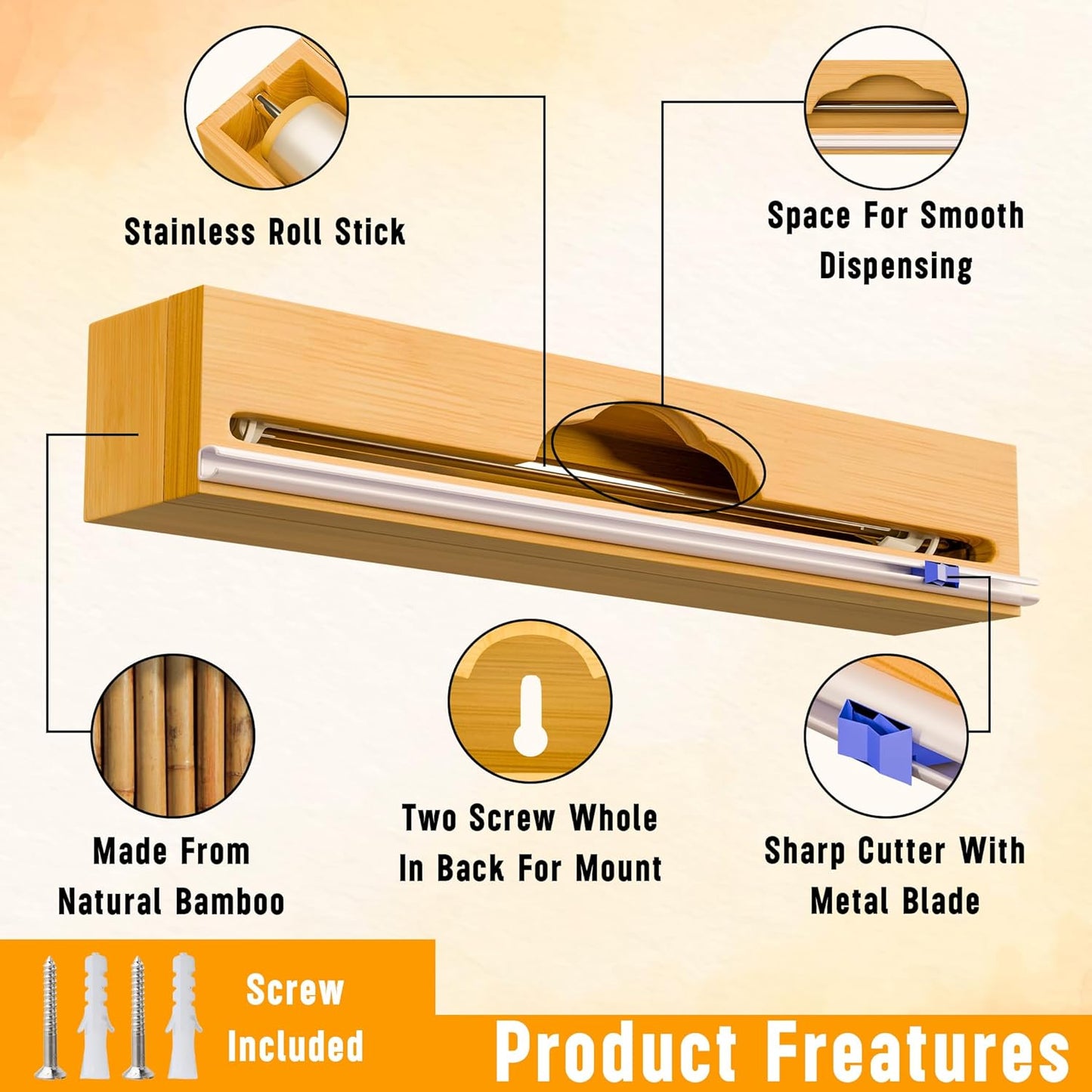 15'' Bamboo Plastic Wrap Dispenser with Cutter- Aluminum Foil Dispenser for Plastic Wrap, Parchment Paper Roll - Kitchen Wrap Dispenser with Cutter for Kitchen – Fits Up to 15'' Rolls