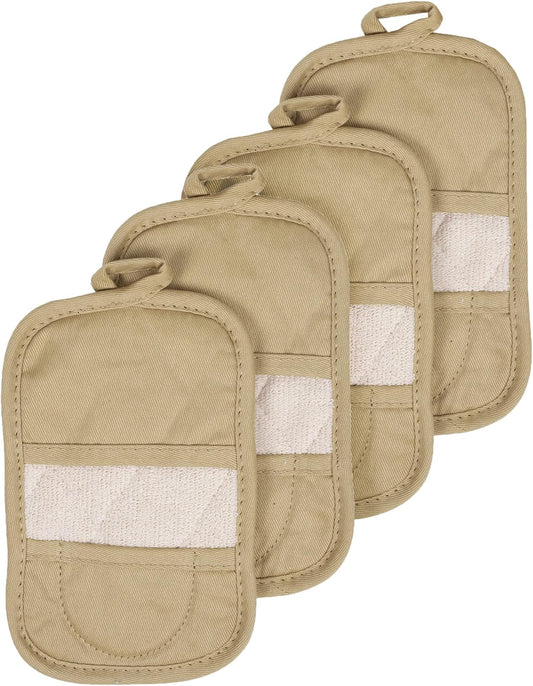 Ritz Premium Pot Holders & Heating Pads (4-Pack), 8.5" x 5.5", Heat Resistant, 100% Cotton Terry-Looped Pocket, for Kitchen and Barbeque, Biscotti