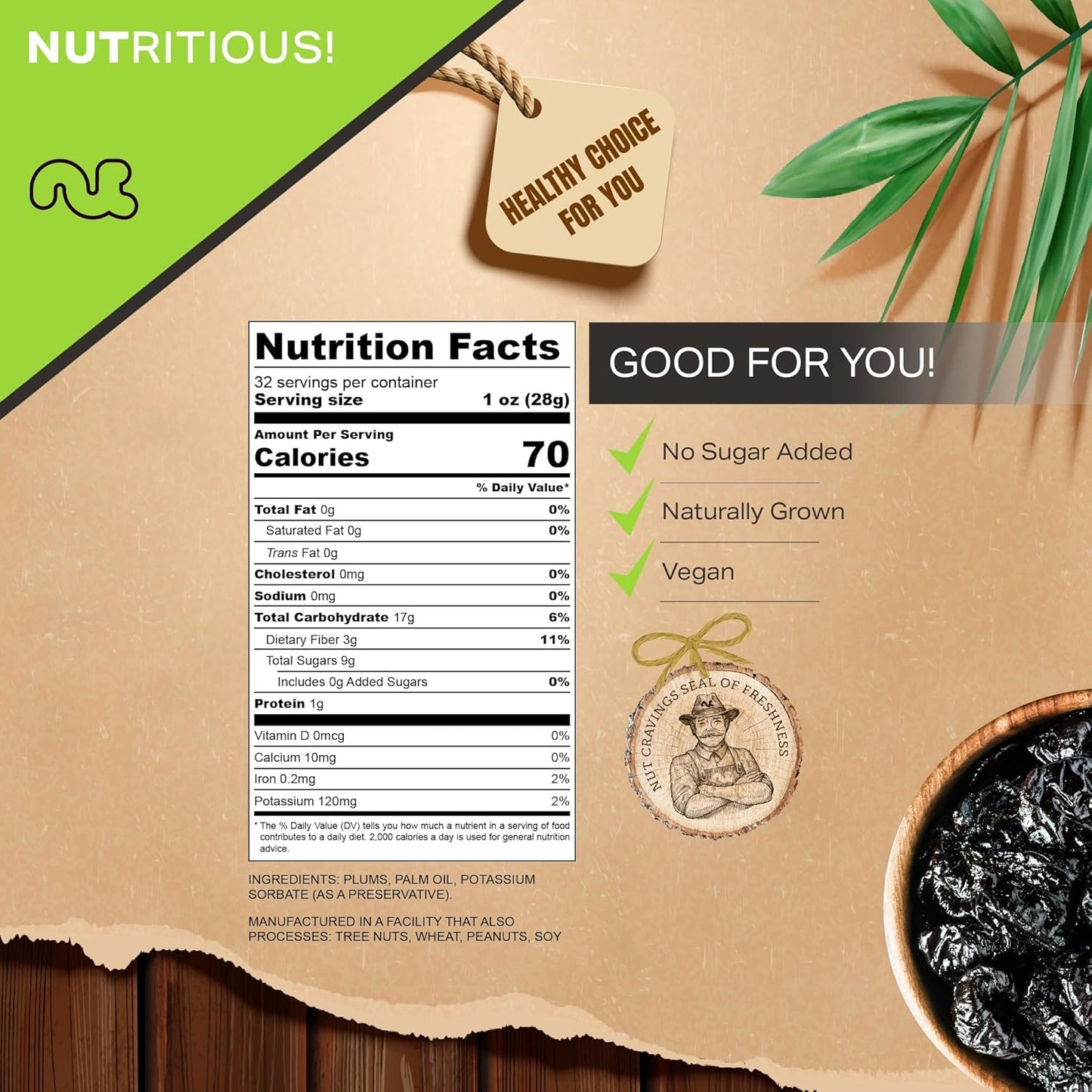 NUT CRAVINGS - Dried Prunes Pitted Unsweetened, Dry Plums No Sugar Added (32oz, 2 LB) Bulk Dry Fruits Packed Fresh in Resealable Bag - Sweet Healthy Snack, Naturally Grown, Vegan, Kosher