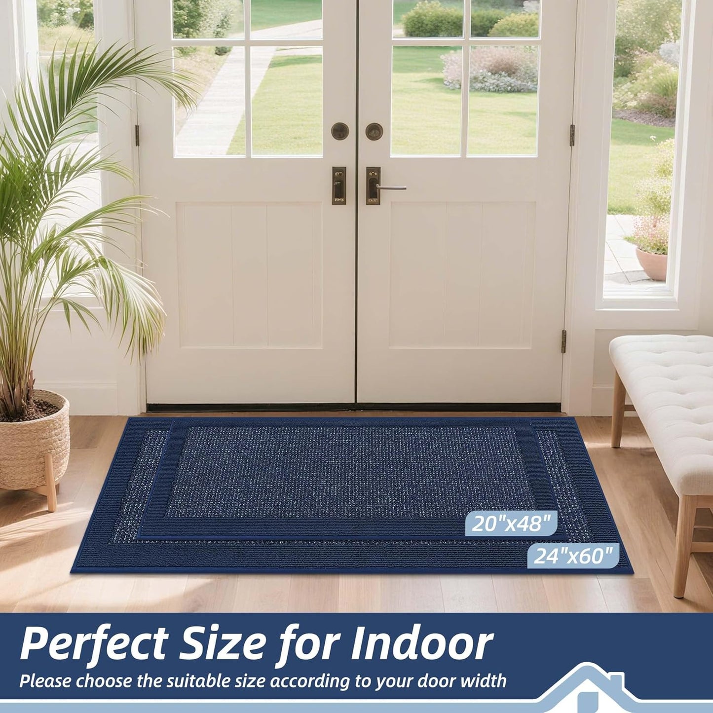 BEQHAUSE Indoor Door Mat 24" x 60", Dirt Trapper Door Mats Non-Slip Entryway Rugs Washable, Resist Dirt Absorbent Welcome Mat, Low Profile Floor Mats for Front Back Door and Entryway, Blue
