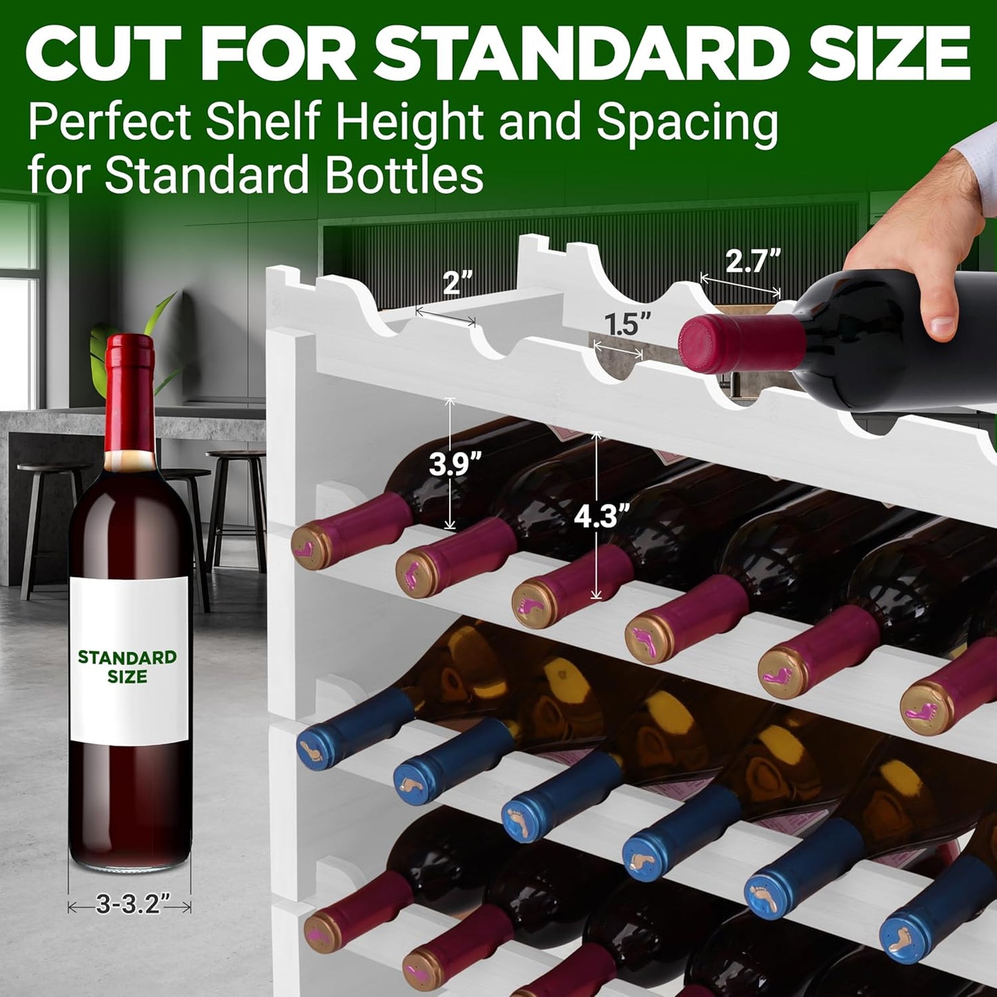 NutriChef Bamboo Stackable Wine Rack, 8-Tier 72 Bottle Capacity Wine Racks Free Standing Floor, No Tools Assembly, Modular Storage Display Shelf for Kitchen and Cellar 33.5" x 10" x 42", White