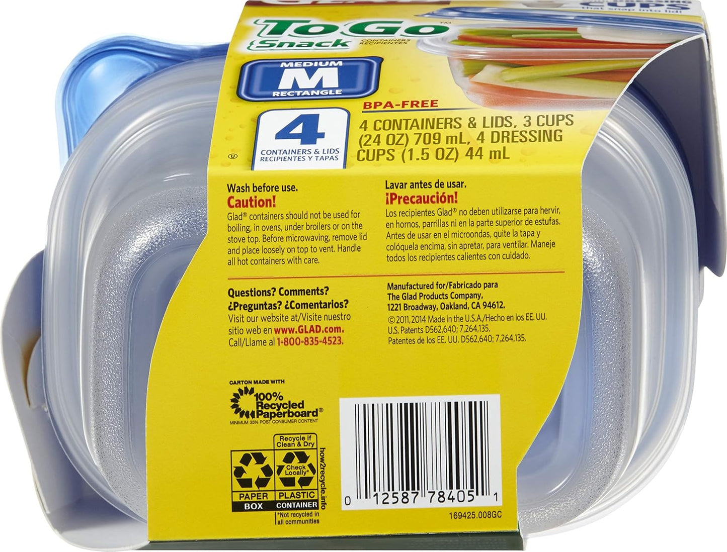 GladWare To Go Snack Food Storage Containers, Medium Rectangle Holds 24 Ounces of Food, 4 Count Set | Tupperware, Plastic Food Container, Meal Prep Container, Plastic Containers with Lids