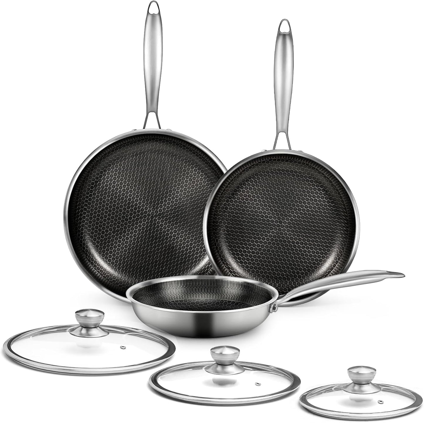 6 Pieces Stainless Steel Frying Pan Set with Lids, Honeycomb Nonstick Frying Pan Set 3 Pcs,Induction Skillet Set Egg Omelette Frying Pan Set W/Lid, Induction Compatible, PFOA Free