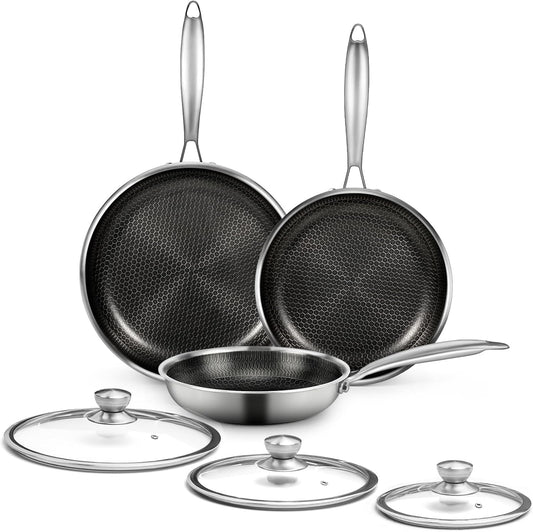 6 Pieces Stainless Steel Frying Pan Set with Lids, Honeycomb Nonstick Frying Pan Set 3 Pcs,Induction Skillet Set Egg Omelette Frying Pan Set W/Lid, Induction Compatible, PFOA Free