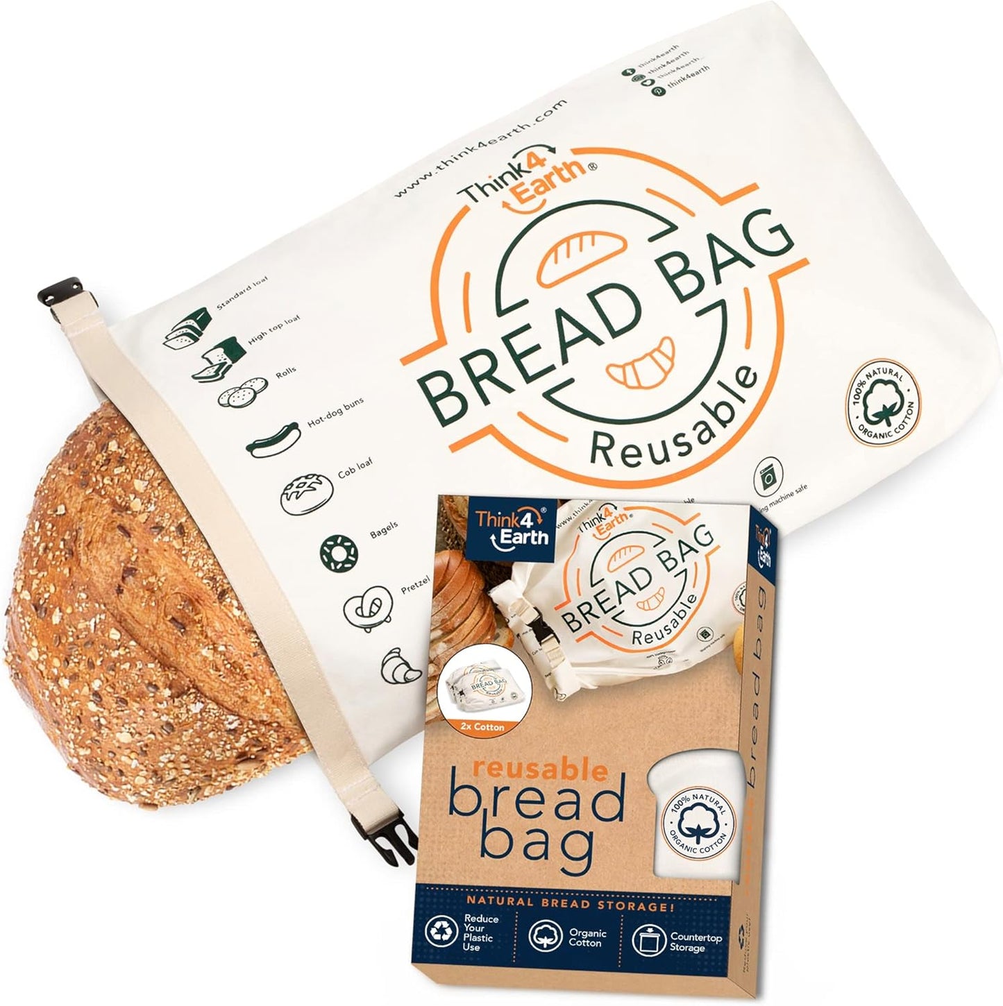 Think4Earth® – Cotton Linen Bread Bag Organic - Reusable Bags for Homemade Loaf Gift Giving - Bread Container for Large Sourdough Loafs – Countertop Cloth Storage and Transport Solution.