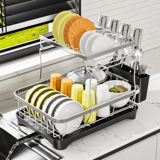 Dish Drying Rack Kitchen 2-Tier 304 Stainless Steel Dish Racks for Kitchen Counter,Dish Strainer with Adjustable Draining Tray,Drying Rack with Water Cup Hook & Cutlery Holder,Black