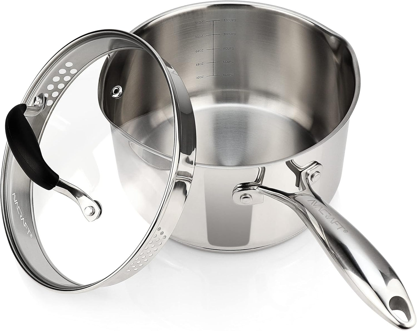 AVACRAFT Stainless Steel Saucepan with Glass Strainer Lid, Two Side Spouts for Easy Pour with Ergonomic Handle, Multipurpose Sauce Pot (5-Ply Capsule Bottom, 3.5 Quart)