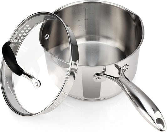 AVACRAFT Stainless Steel Saucepan with Glass Strainer Lid, Two Side Spouts for Easy Pour with Ergonomic Handle, Multipurpose Sauce Pot (5-Ply Capsule Bottom, 3.5 Quart)